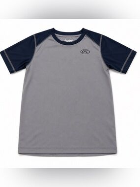 Rawlings Youth Small Baseball Performance Shirt Gray Navy Athletic Short Sleeve